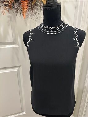 Ann Taylor Petite Black Sleeveless Pearl-Trim Mock Neck Top. Size XXSP